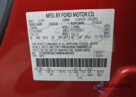2008 Ford Edge Se из США, поврежденный, VIN 2FMDK36C48BA46595